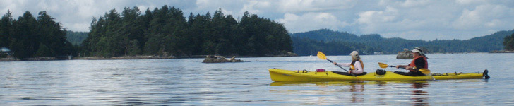 Kayakers enjoying restful lake and trees